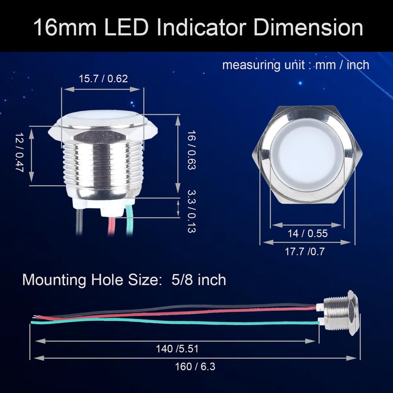 DMWD 16mm 12V-24V Metal 2 Colors LED Indicator Lights, Waterproof Common Anode Signal Lamp Red and Green LED in 1, with Pre-Wired Cables to Indicate The Power Supply Status 2Pcs - Image 3